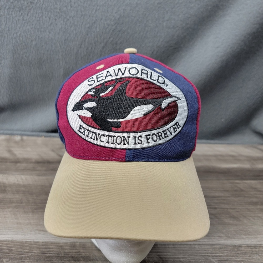 VINTAGE SeaWorld Hat Cap Snap Back Red Blue Tan Embroidered Orka Patch Mens 90s